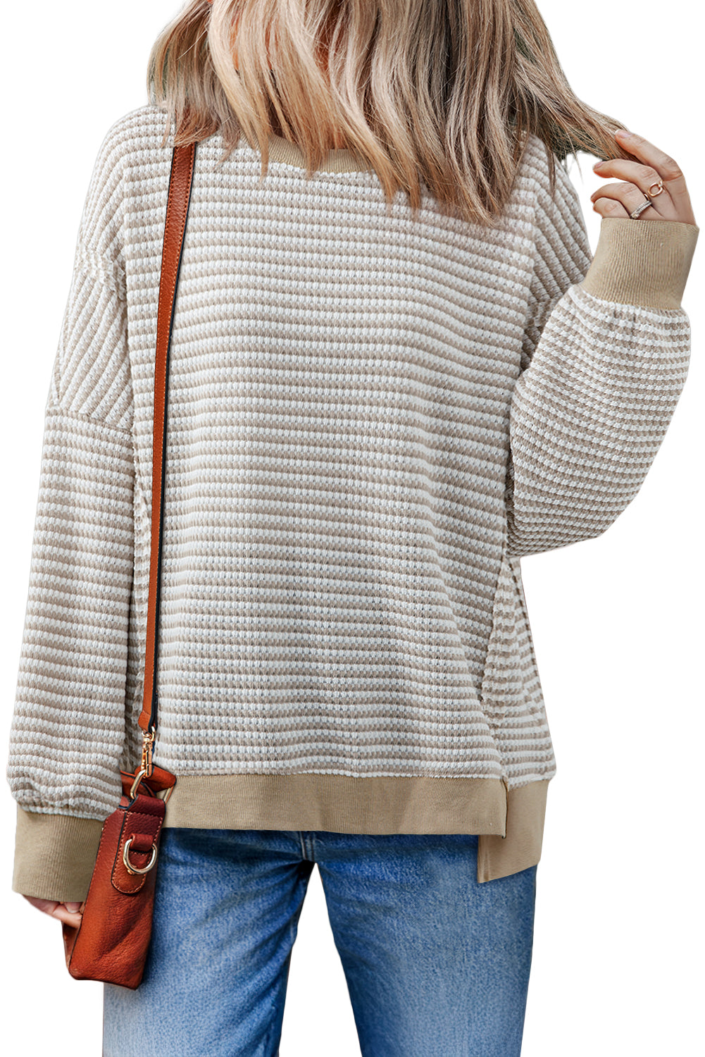 Black Stripe Ribbed Trim Drop Shoulder Long Sleeve Oversized Top