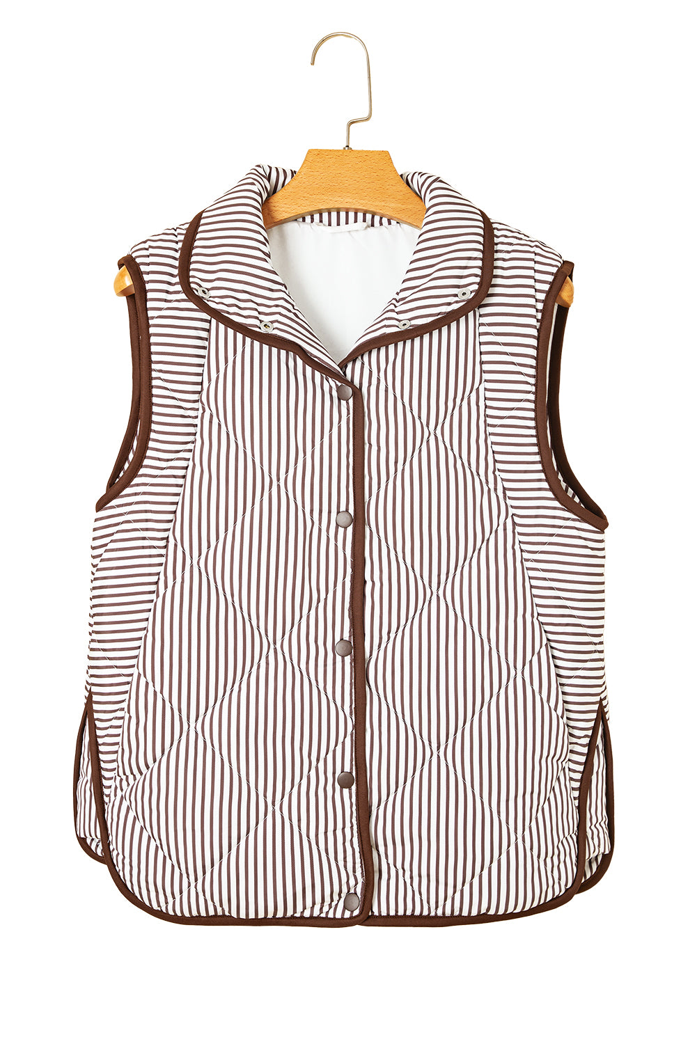 Brown Striped Snap Button Scalloped Hem Winter Vest