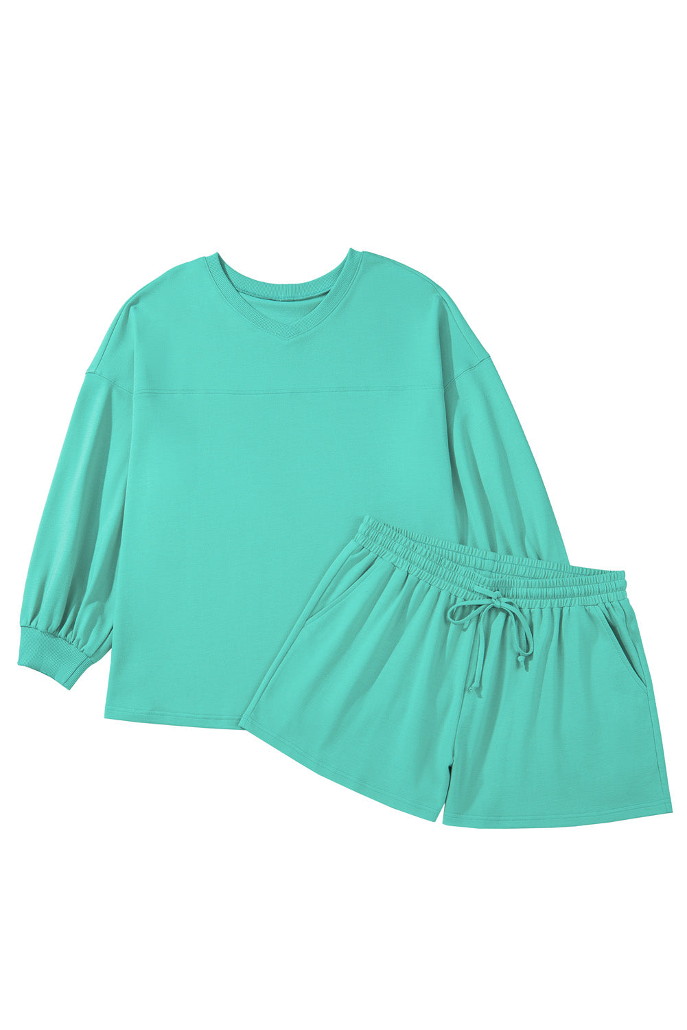 Sea Green Solid Color Plus Size Pullover and Loose Shorts Set