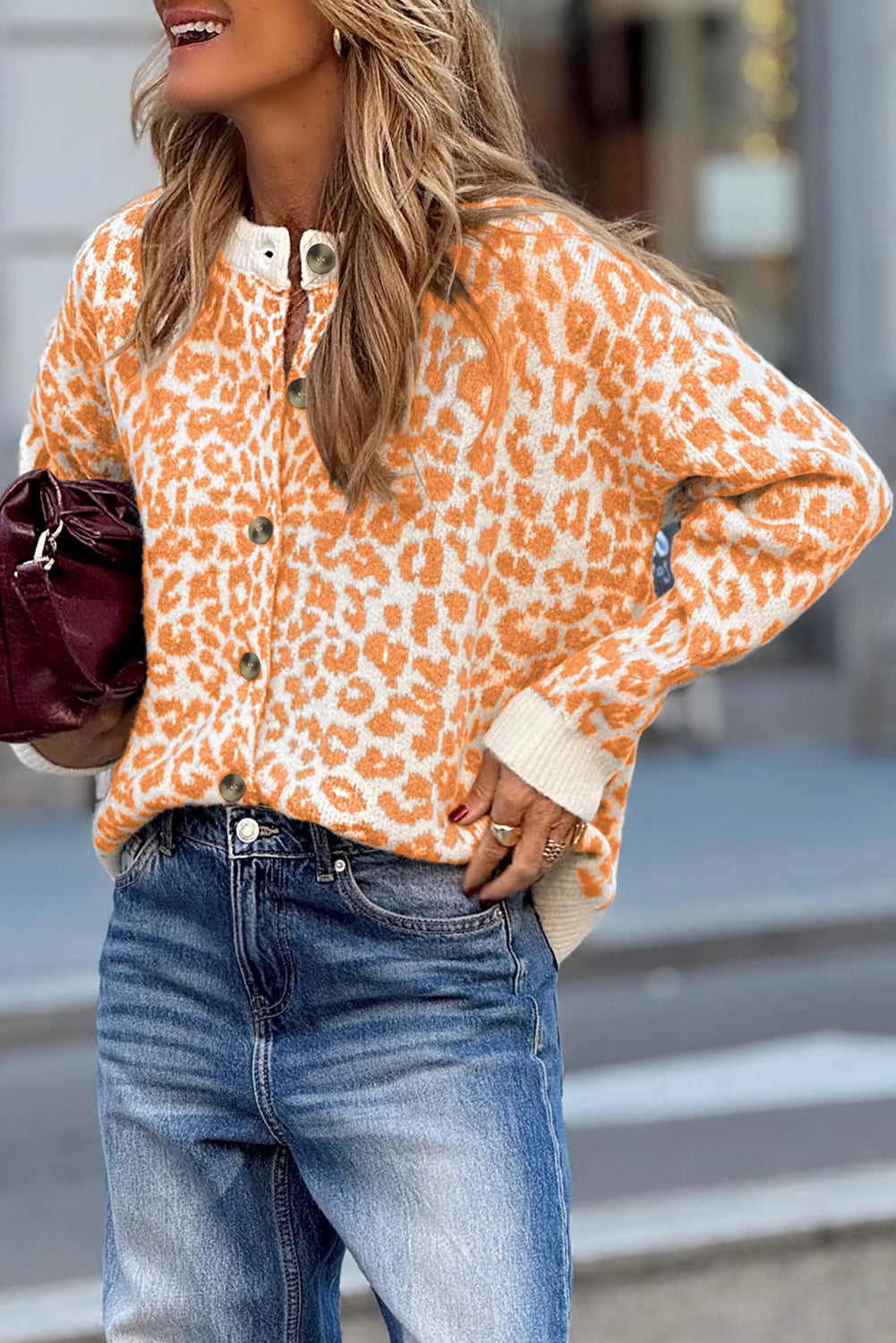 Khaki Leopard Drop Shoulder Knitted Cardigan