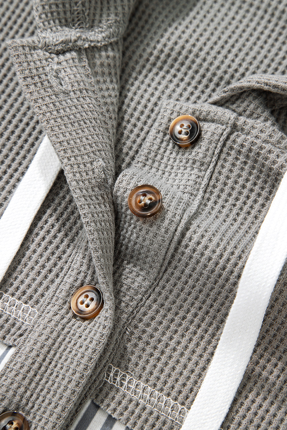 Gray Waffle Patchwork Drawstring Hooded Long Sleeve Top