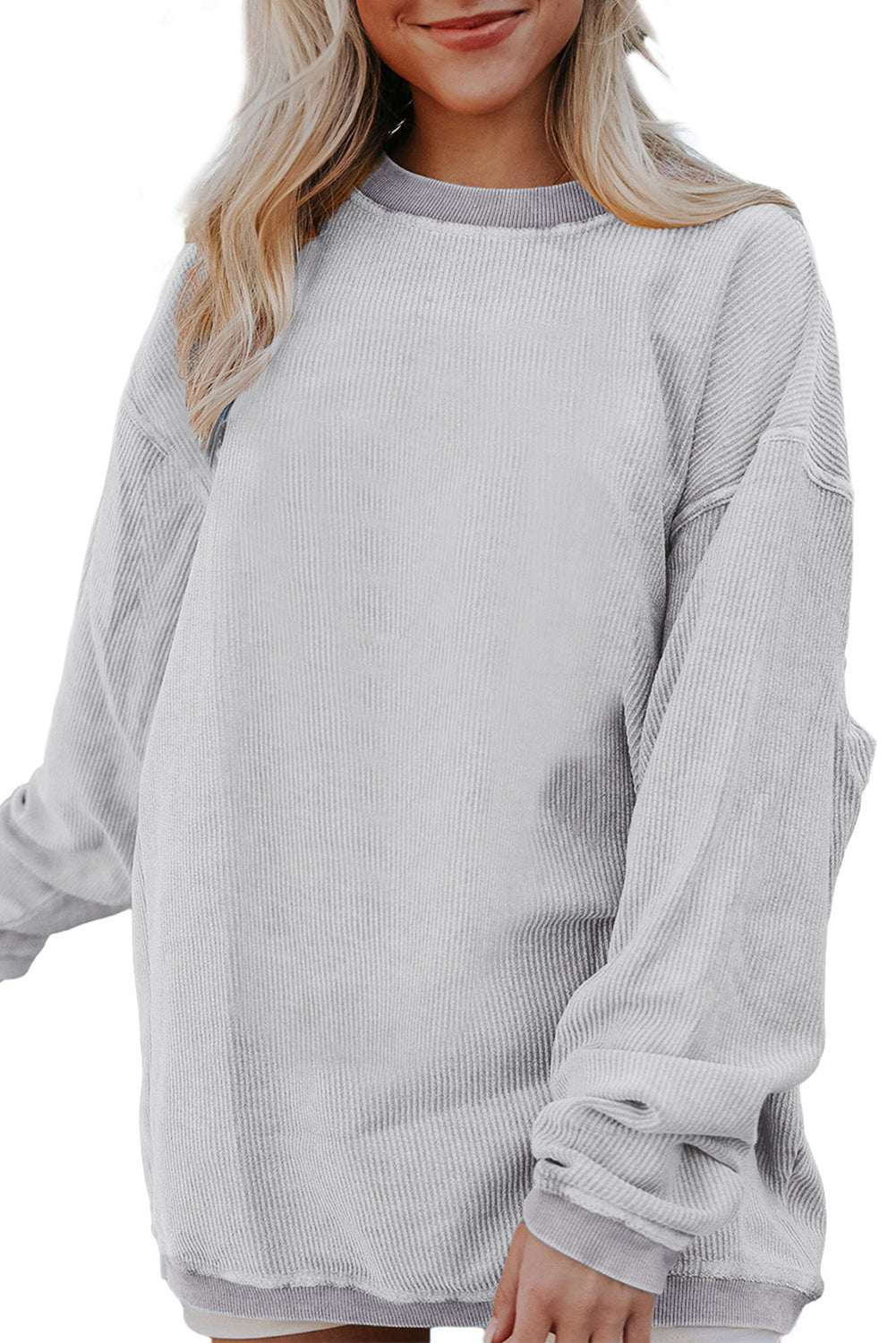 Light Pink Plain Drop Sleeve Crinkle Rib Oversized Sweatshirt