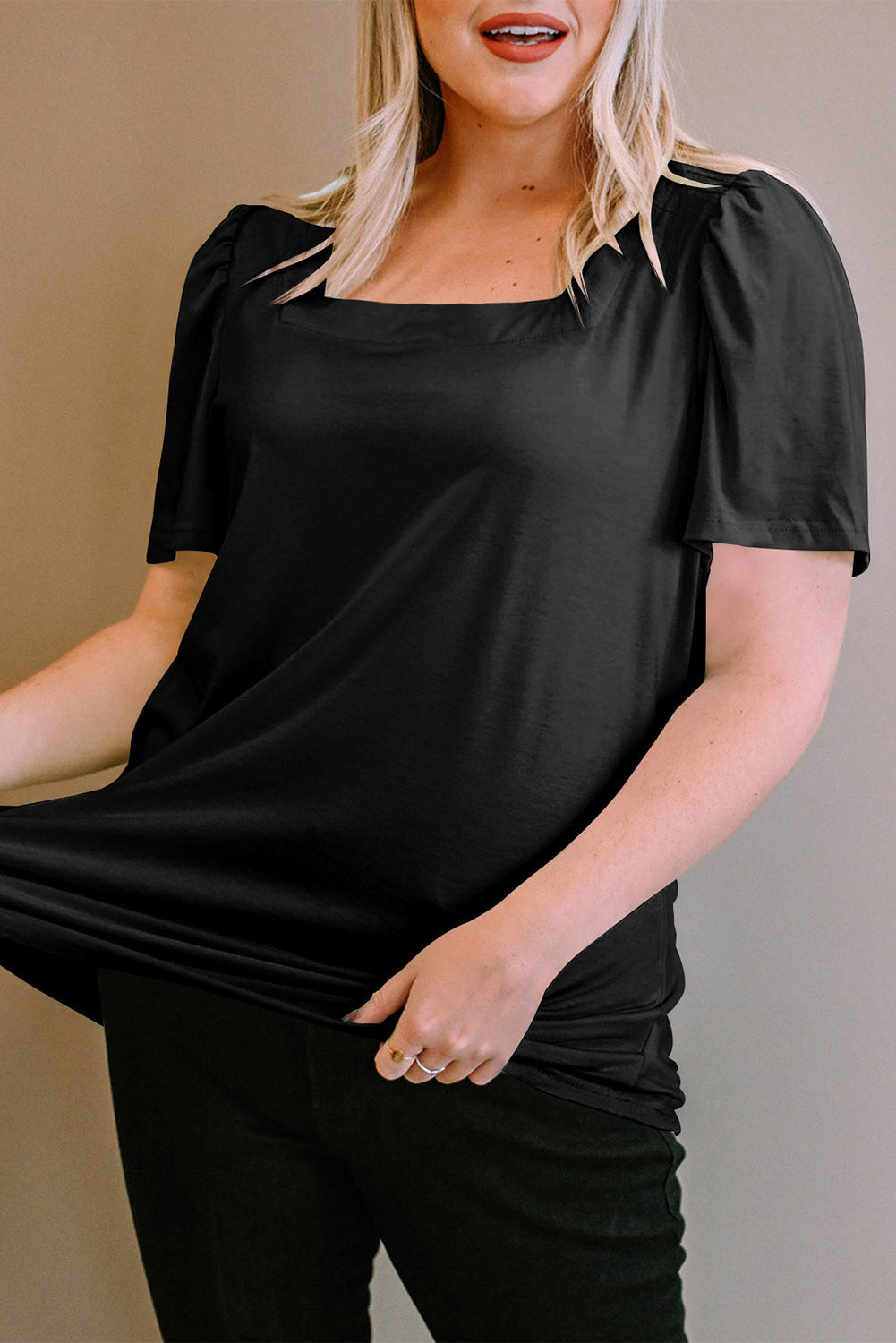 Green Plus Size Square Neck Ruched Shoulder Short Sleeve Top
