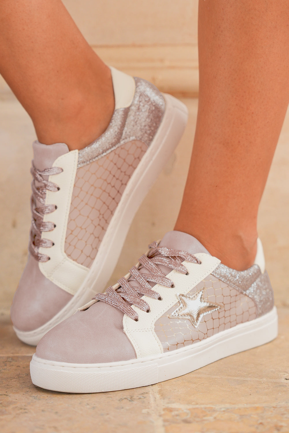 Black Glitter Star Patchwork PU Leather Lace-up Sneakers