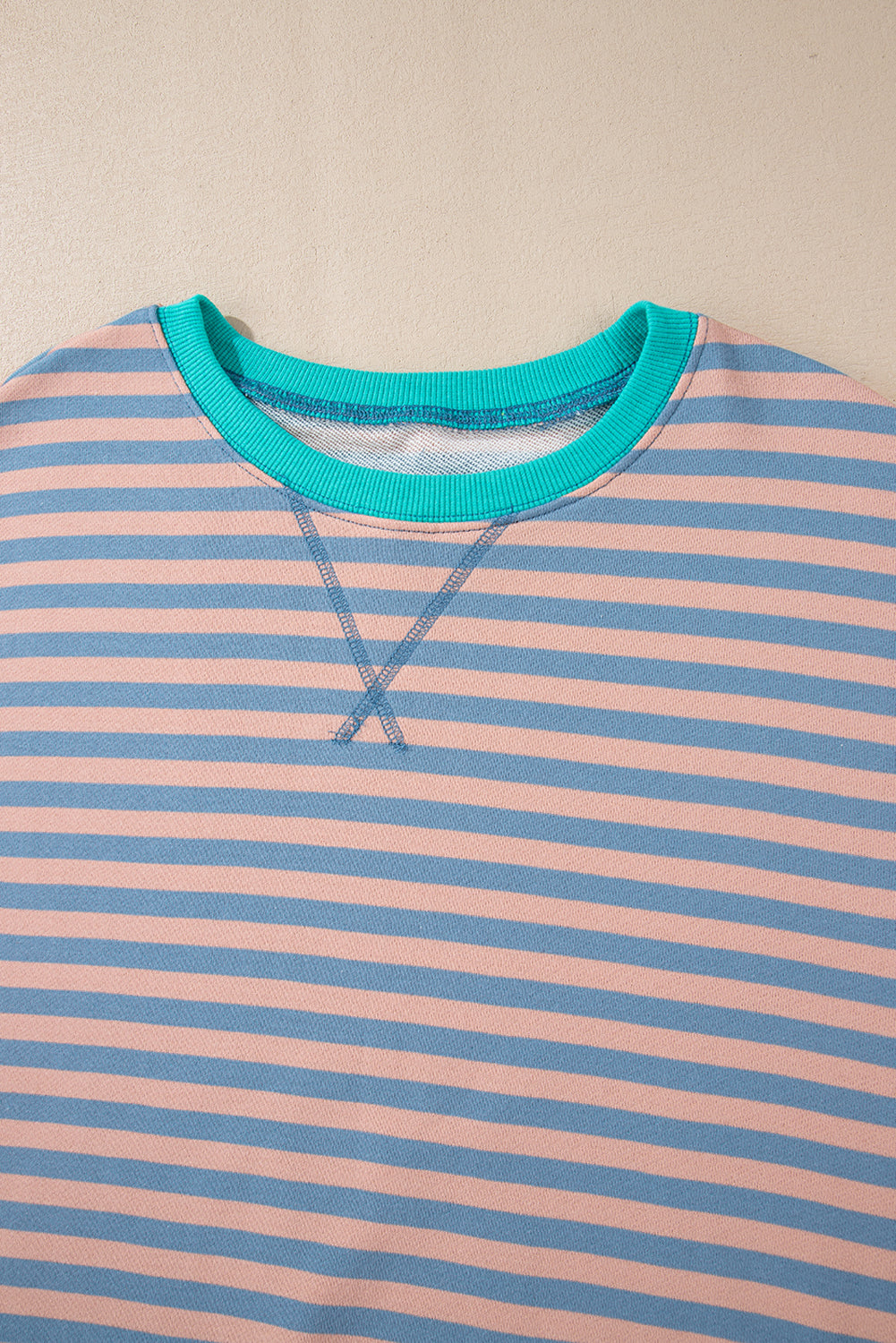 Blue Striped Contrast Trim Drop Shoulder Sweatshirt