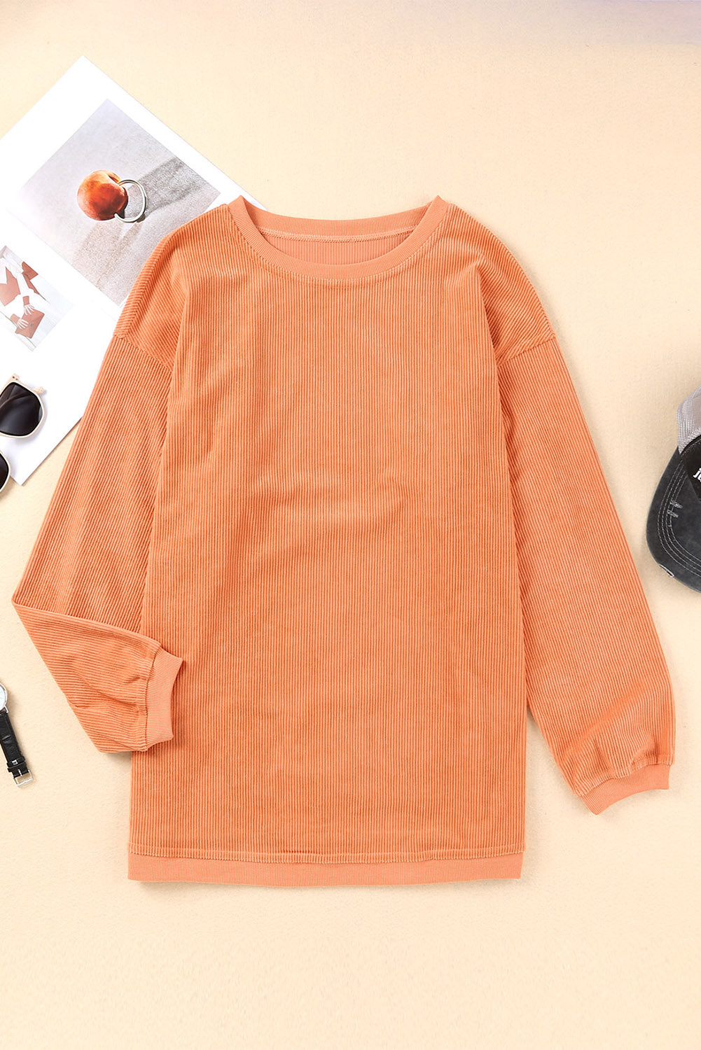 Light Pink Plain Drop Sleeve Crinkle Rib Oversized Sweatshirt