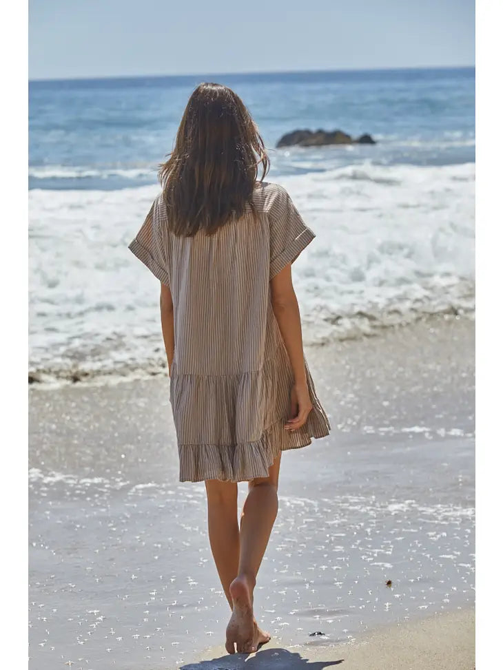 Woven V-Placket Detail Short Sleeve Ruffle Dress