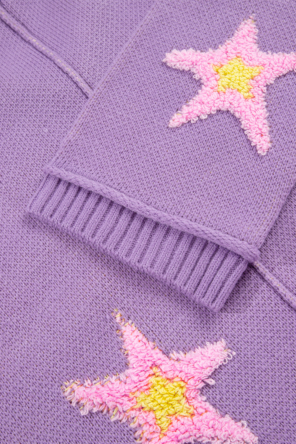 Lavender Brushed Star Graphic V Neck Drop Shoulder Oversize Sweater