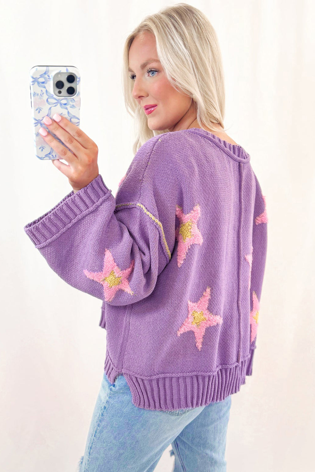 Lavender Brushed Star Graphic V Neck Drop Shoulder Oversize Sweater
