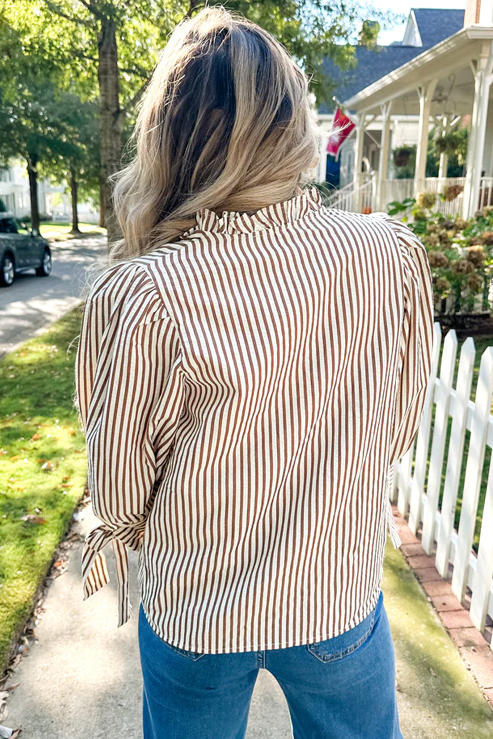 Straw Yellow Striped Frill V Neck Knot Bracelet Sleeve Blouse