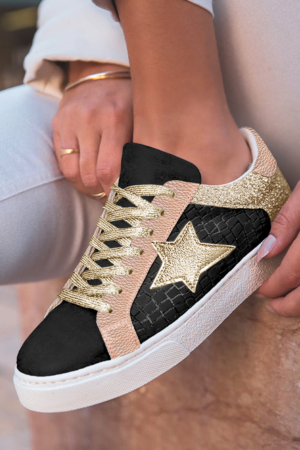 Black Glitter Star Patchwork PU Leather Lace-up Sneakers
