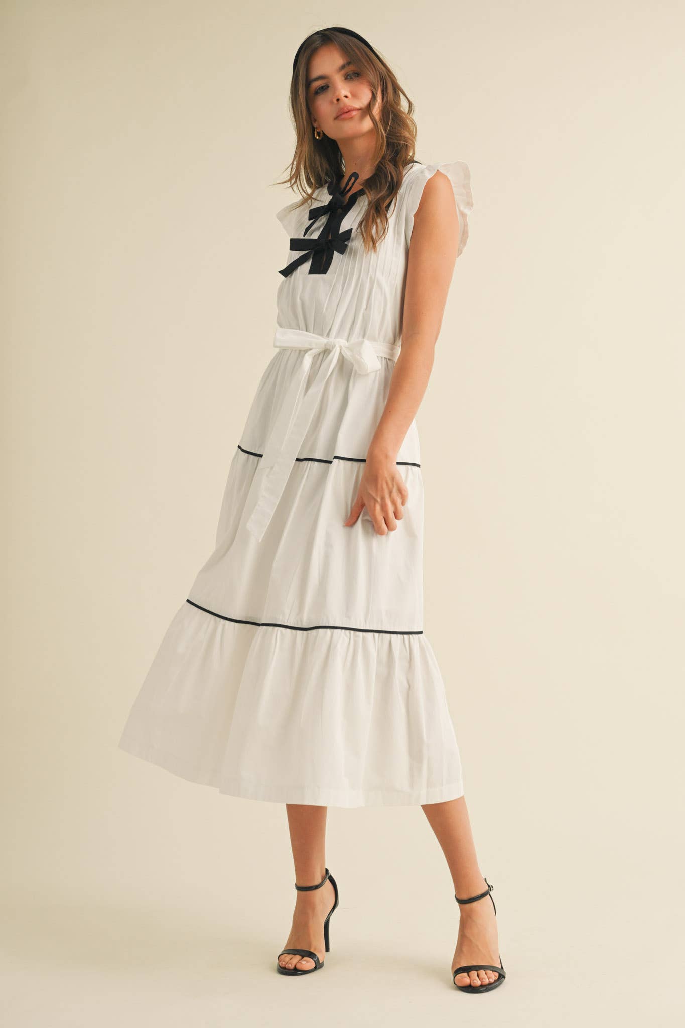 PIN TUCK AND BOW DETAIL TIERED MIDI DRESS
