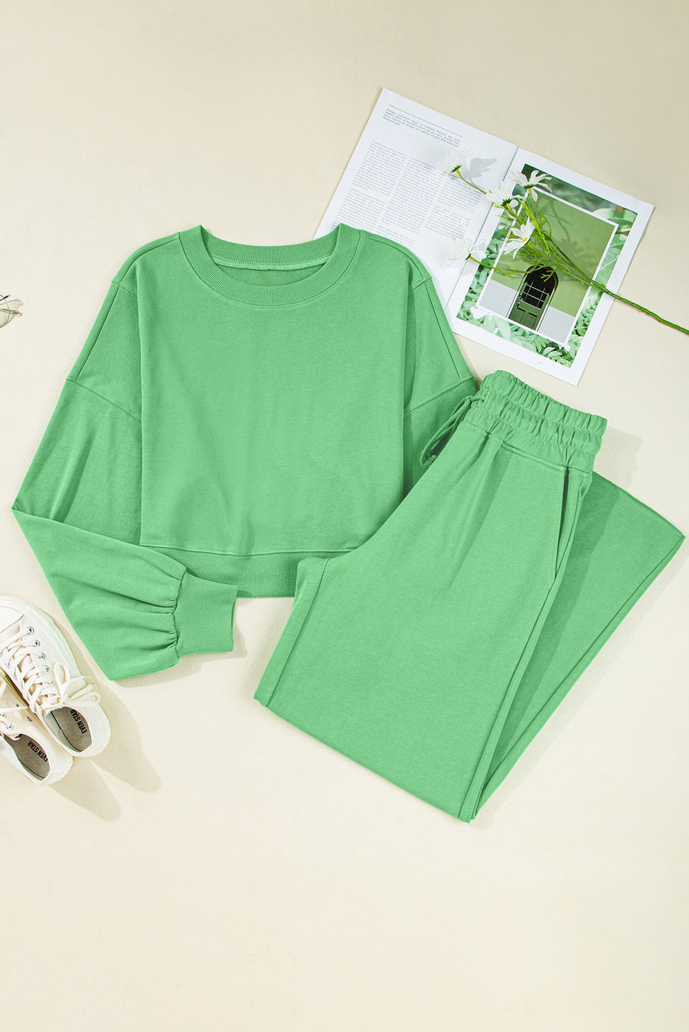 Mist Blue Drop Shoulder Crop Pullover Drawstring Wide Leg Pants Set