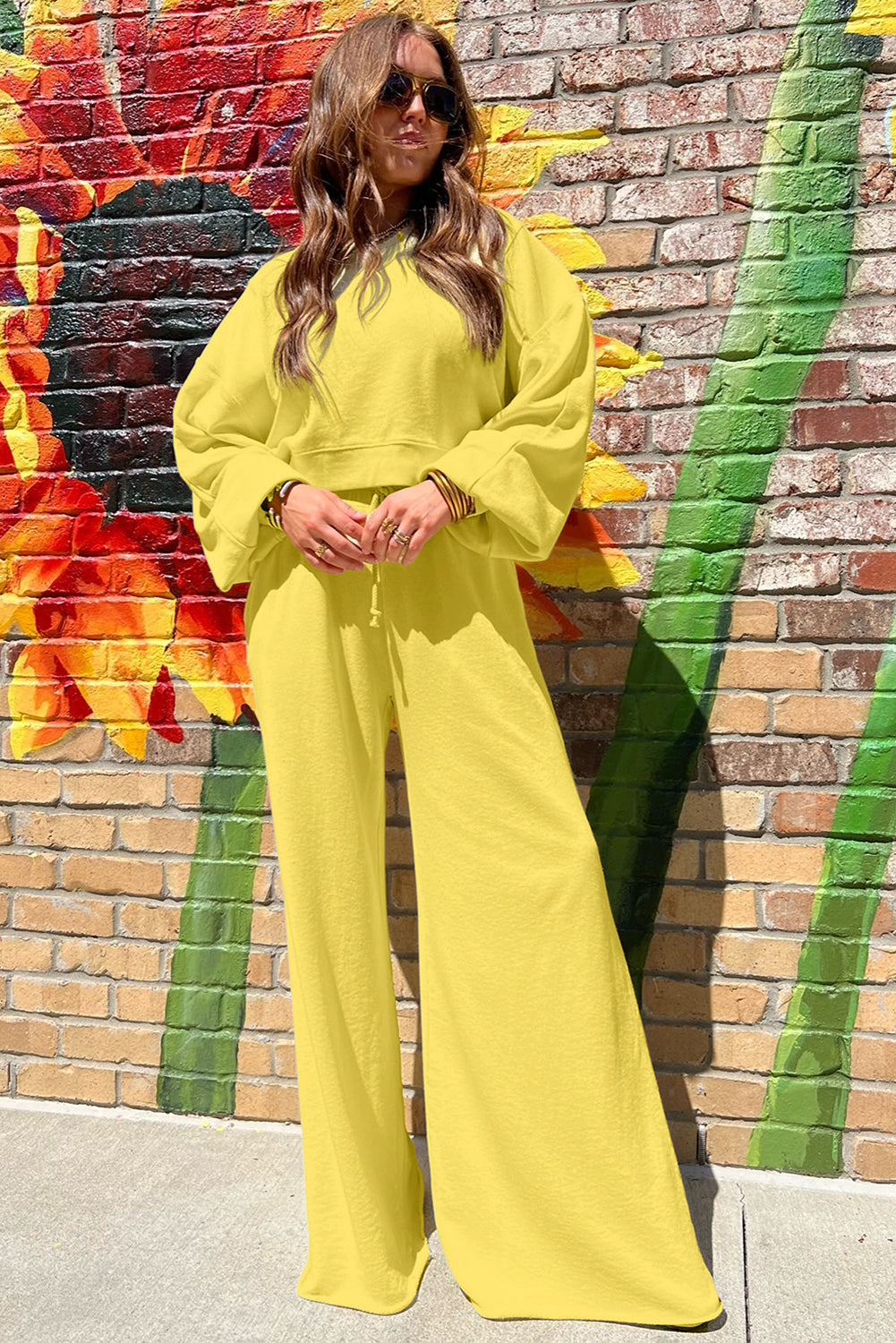 Mist Blue Drop Shoulder Crop Pullover Drawstring Wide Leg Pants Set