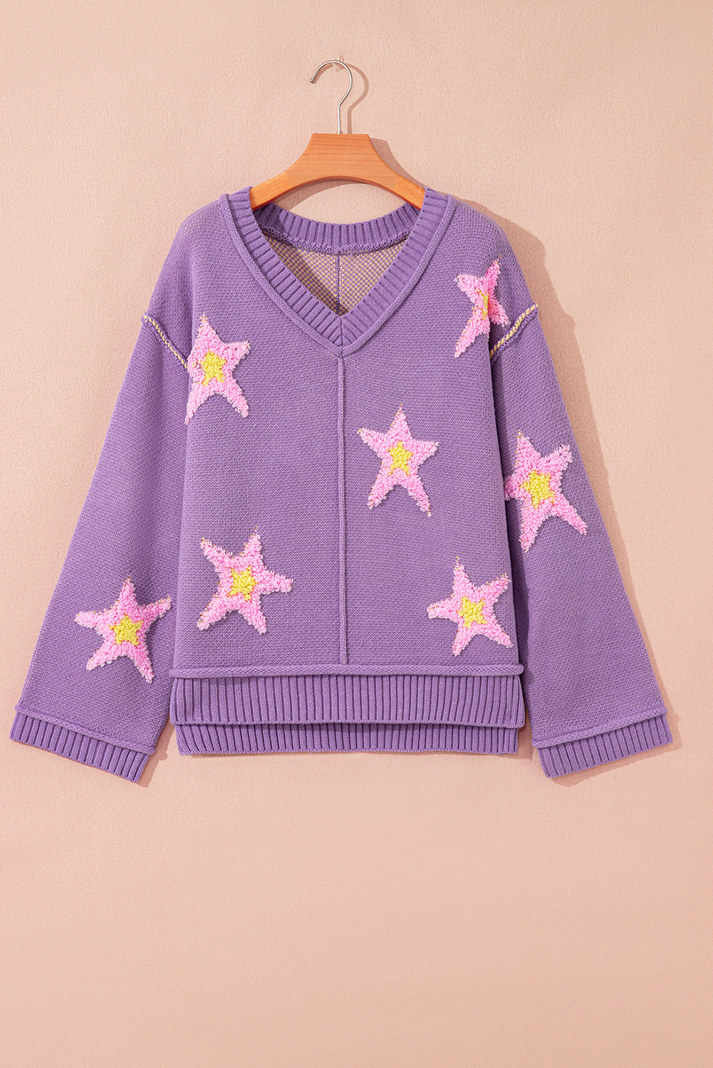 Lavender Brushed Star Graphic V Neck Drop Shoulder Oversize Sweater