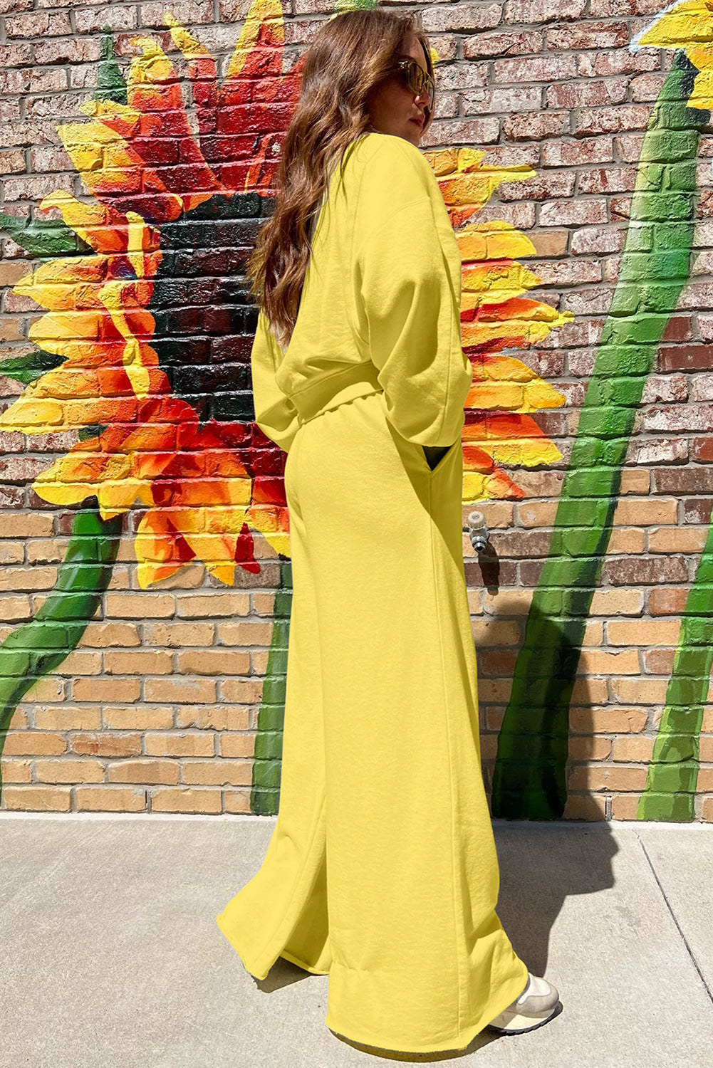 Mist Blue Drop Shoulder Crop Pullover Drawstring Wide Leg Pants Set