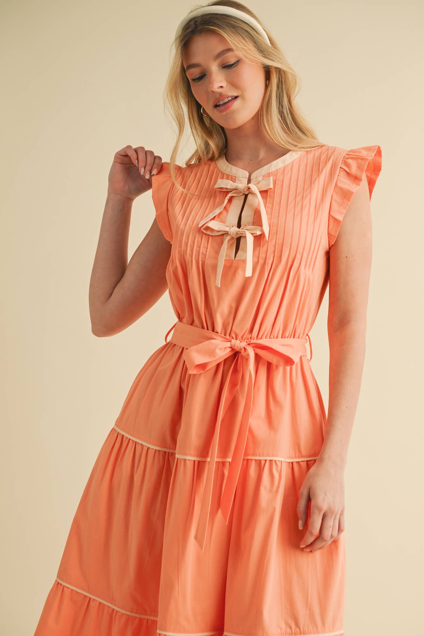 PIN TUCK AND BOW DETAIL TIERED MIDI DRESS