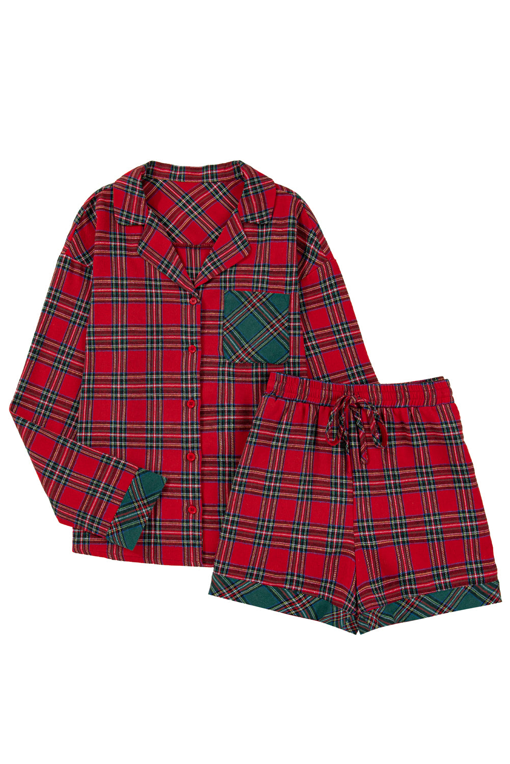 Red Plaid Contrast Color Christmas Holiday Long Sleeve Shirt and Shorts Pajama Set