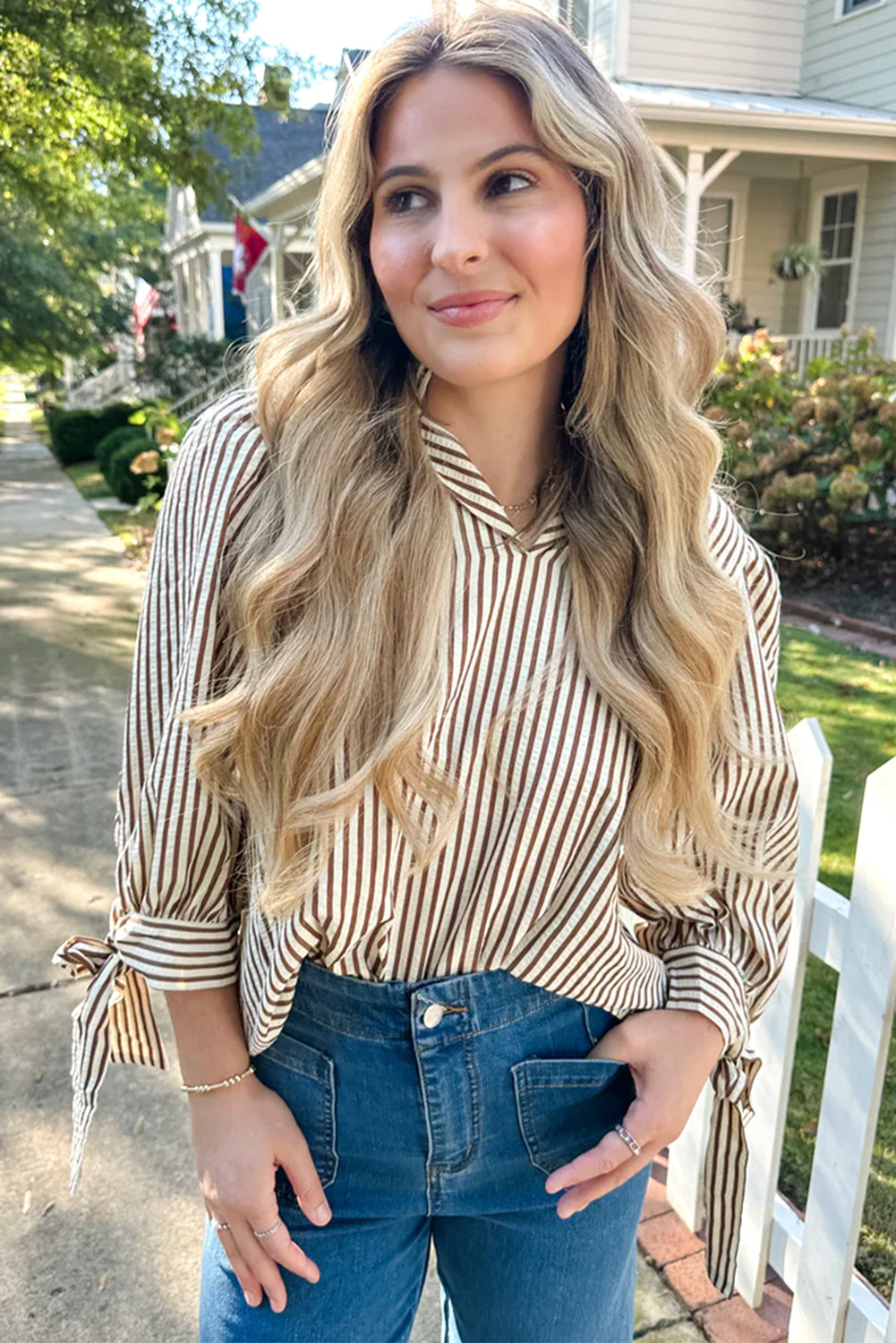 Straw Yellow Striped Frill V Neck Knot Bracelet Sleeve Blouse