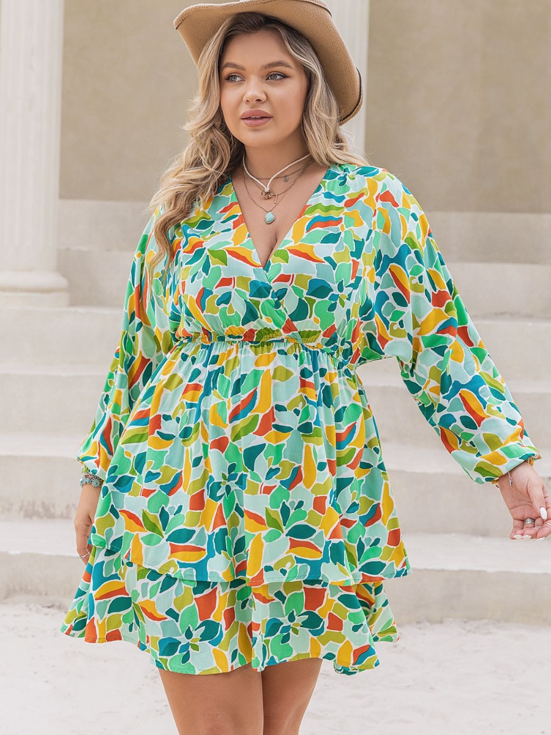 Plus Size Printed Surplice Long Sleeve Mini Dress Plus Size Printed Surplice Long Sleeve Mini Dress