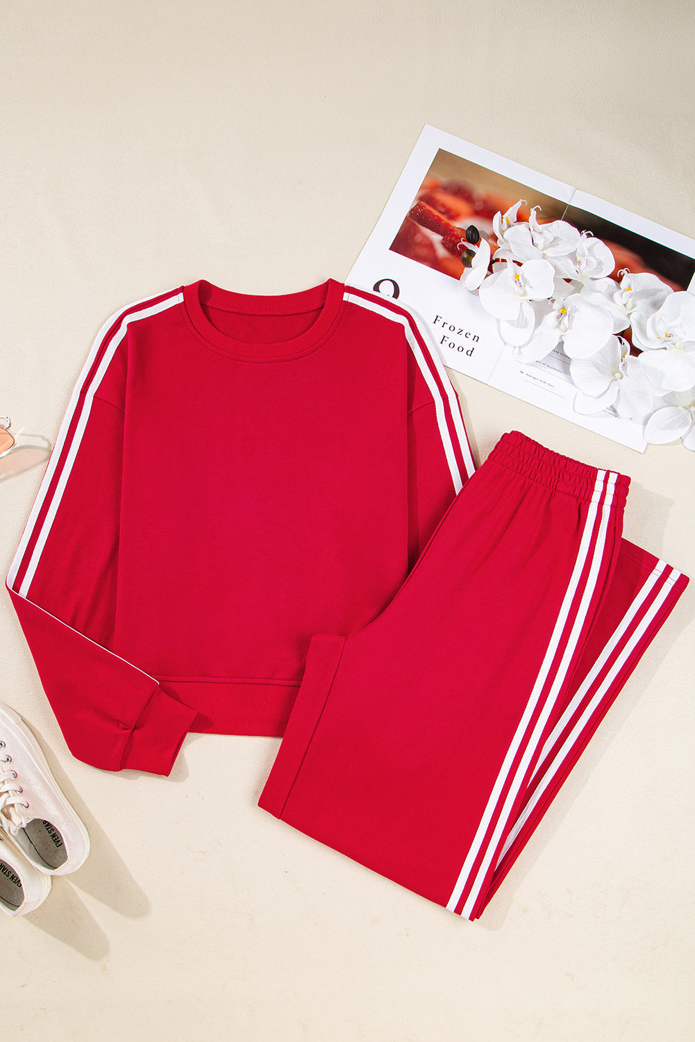 Gray Morn Varsity Striped Detail Cropped Pullover Wide Leg Pants 2pcs Outfit