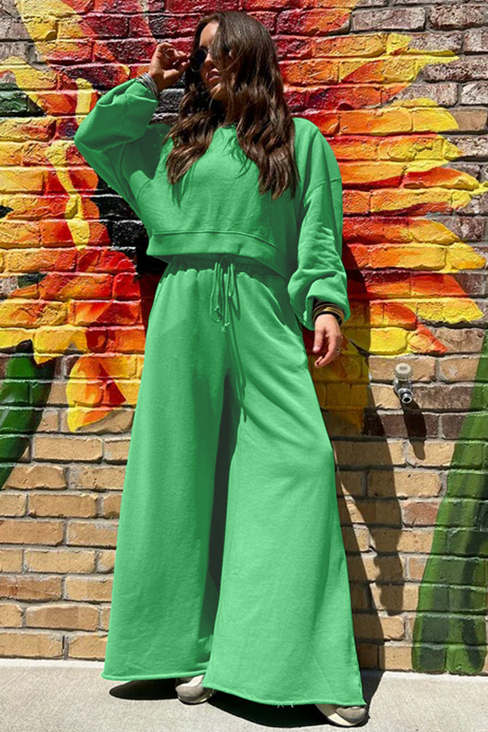 Mist Blue Drop Shoulder Crop Pullover Drawstring Wide Leg Pants Set