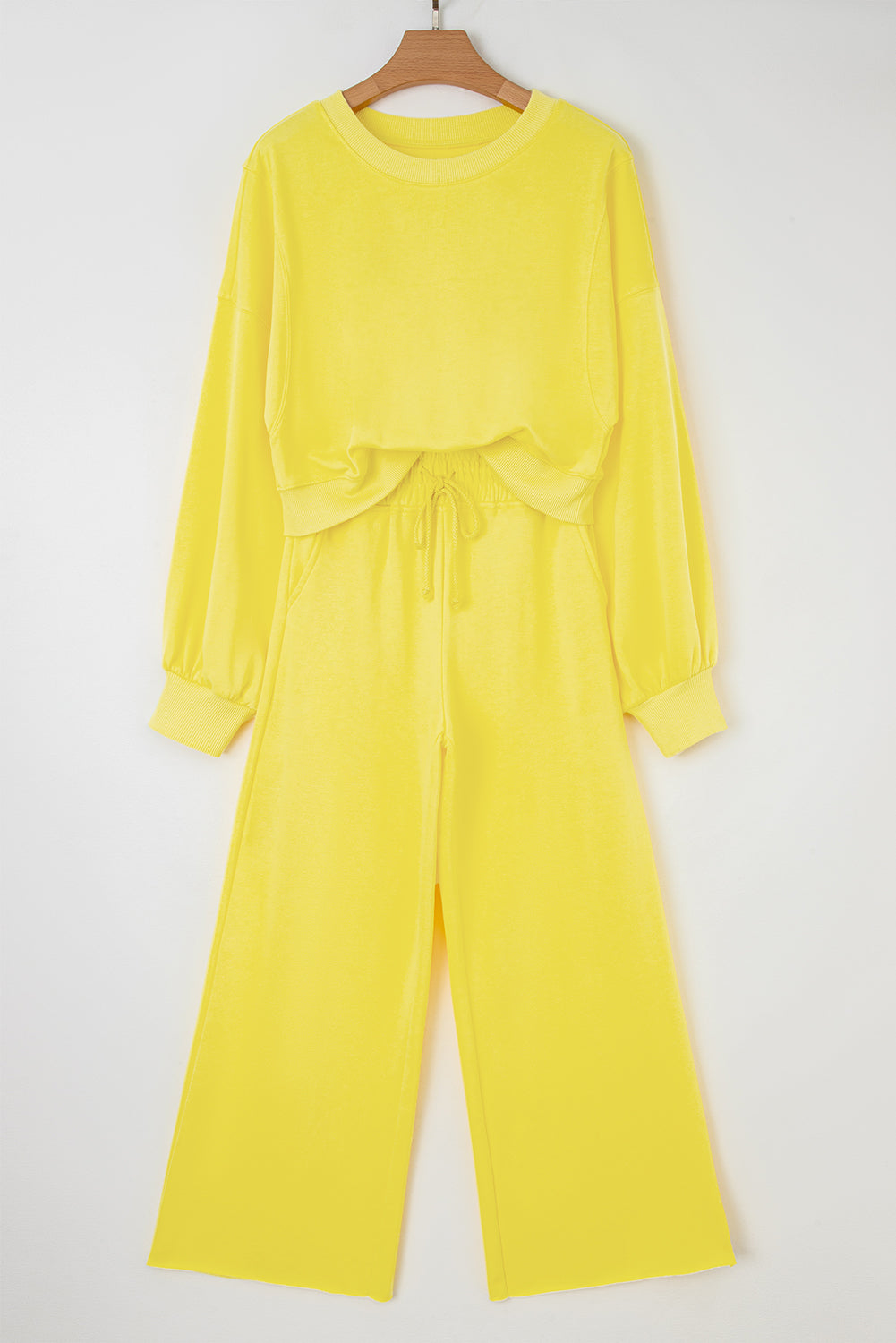 Mist Blue Drop Shoulder Crop Pullover Drawstring Wide Leg Pants Set