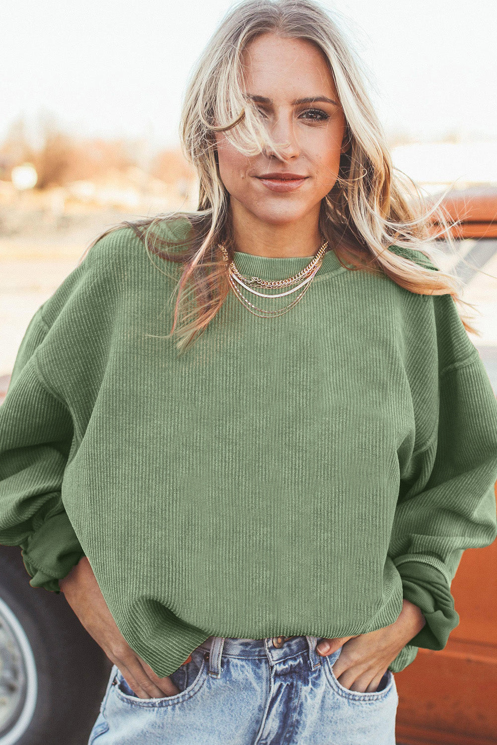 Light Pink Plain Drop Sleeve Crinkle Rib Oversized Sweatshirt