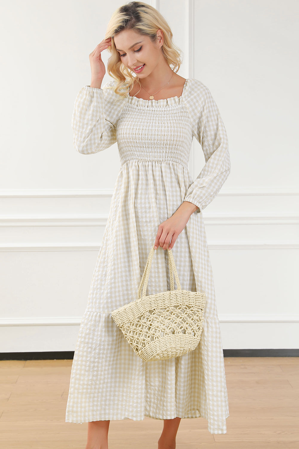 Khaki Plaid Ruffled Sleeve Smocked Maxi Dress
