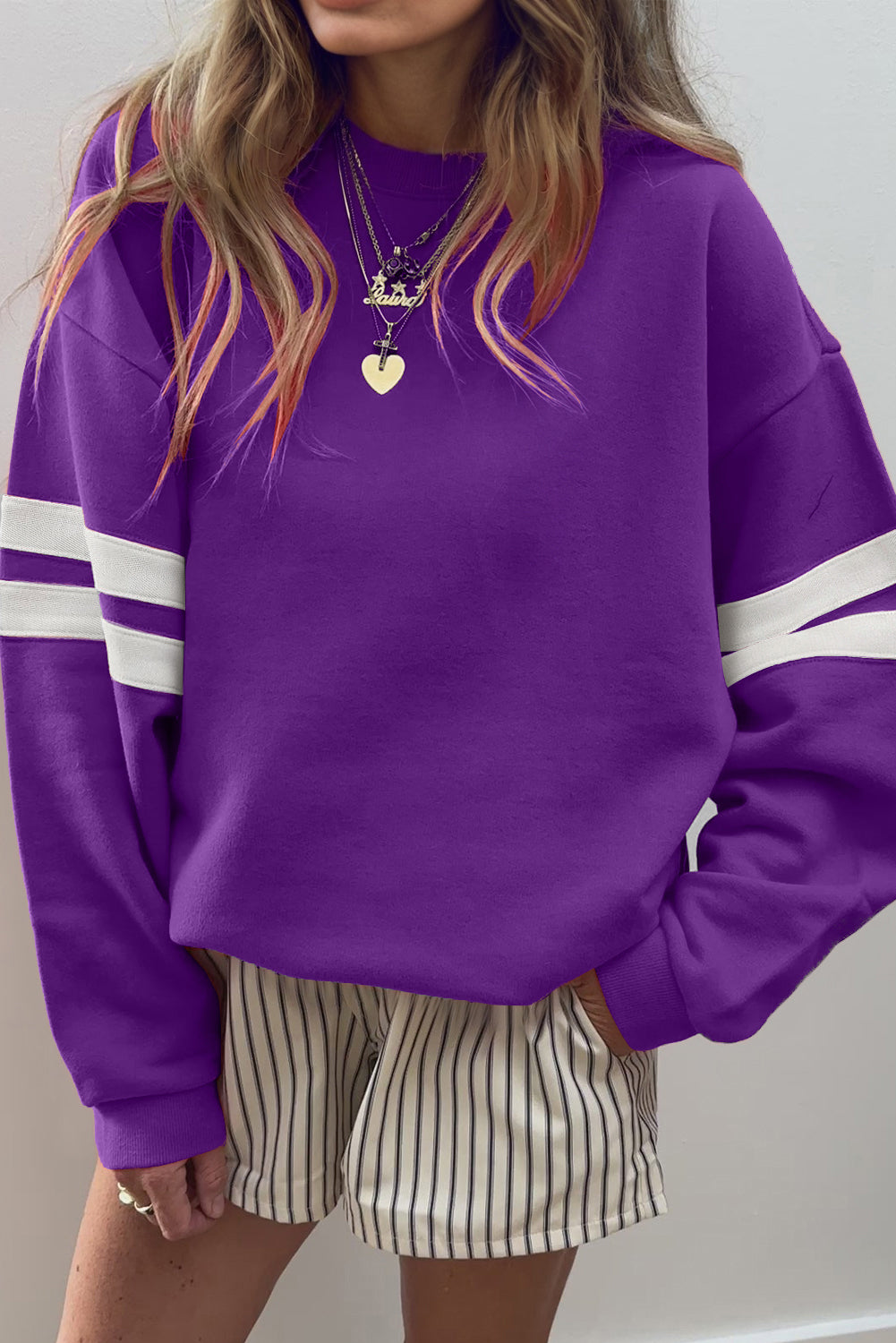 Light French Beige Preppy Striped Sleeve Loose Sweatshirt