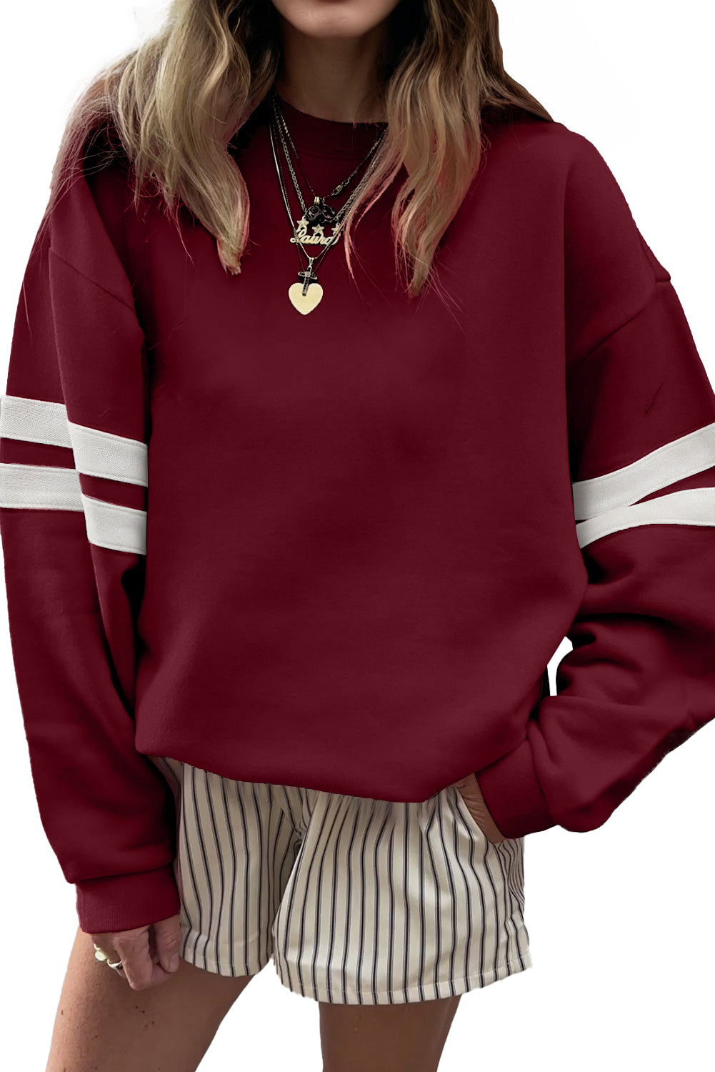 Light French Beige Preppy Striped Sleeve Loose Sweatshirt