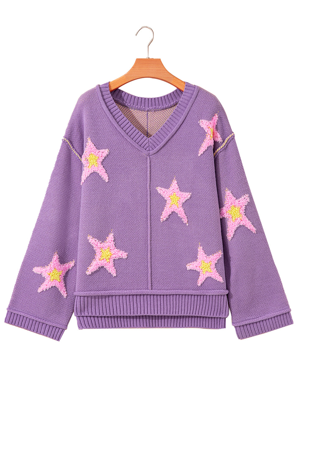 Lavender Brushed Star Graphic V Neck Drop Shoulder Oversize Sweater