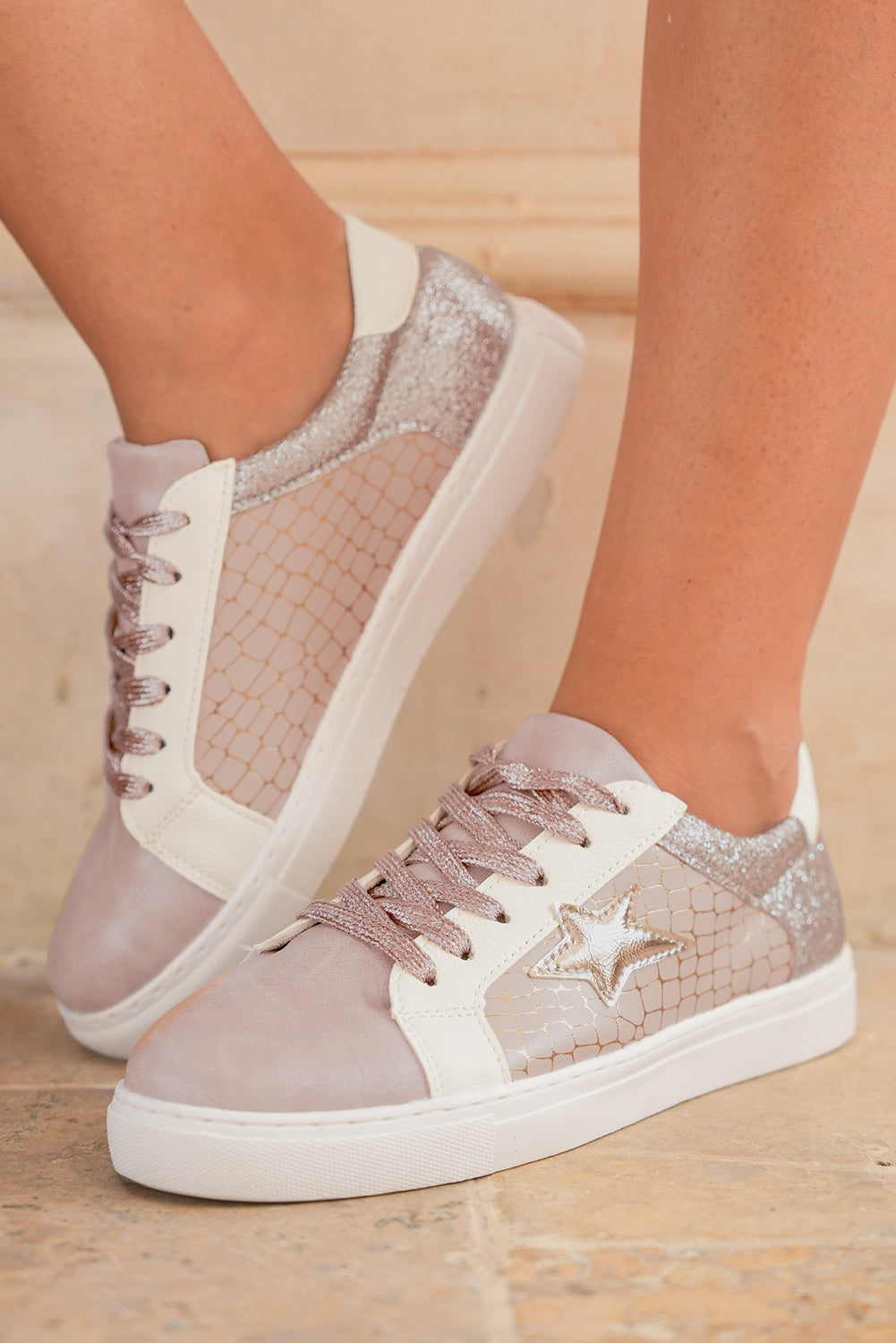 Black Glitter Star Patchwork PU Leather Lace-up Sneakers