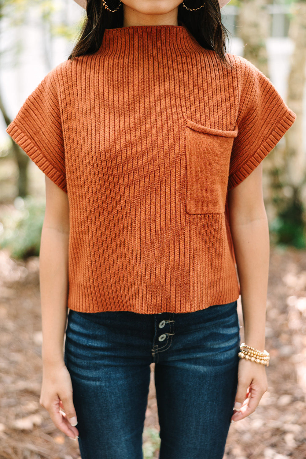 Pink Patch Pocket Ribbed Knit Short Sleeve Sweater