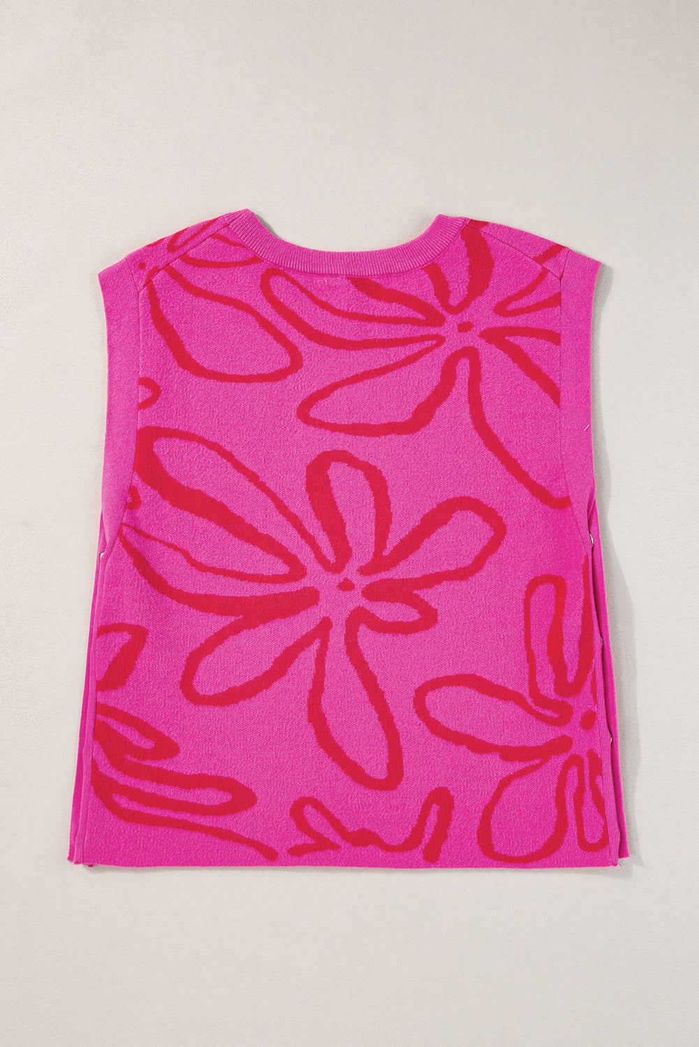 White Button Sides Sleeveless Floral Knitted Top