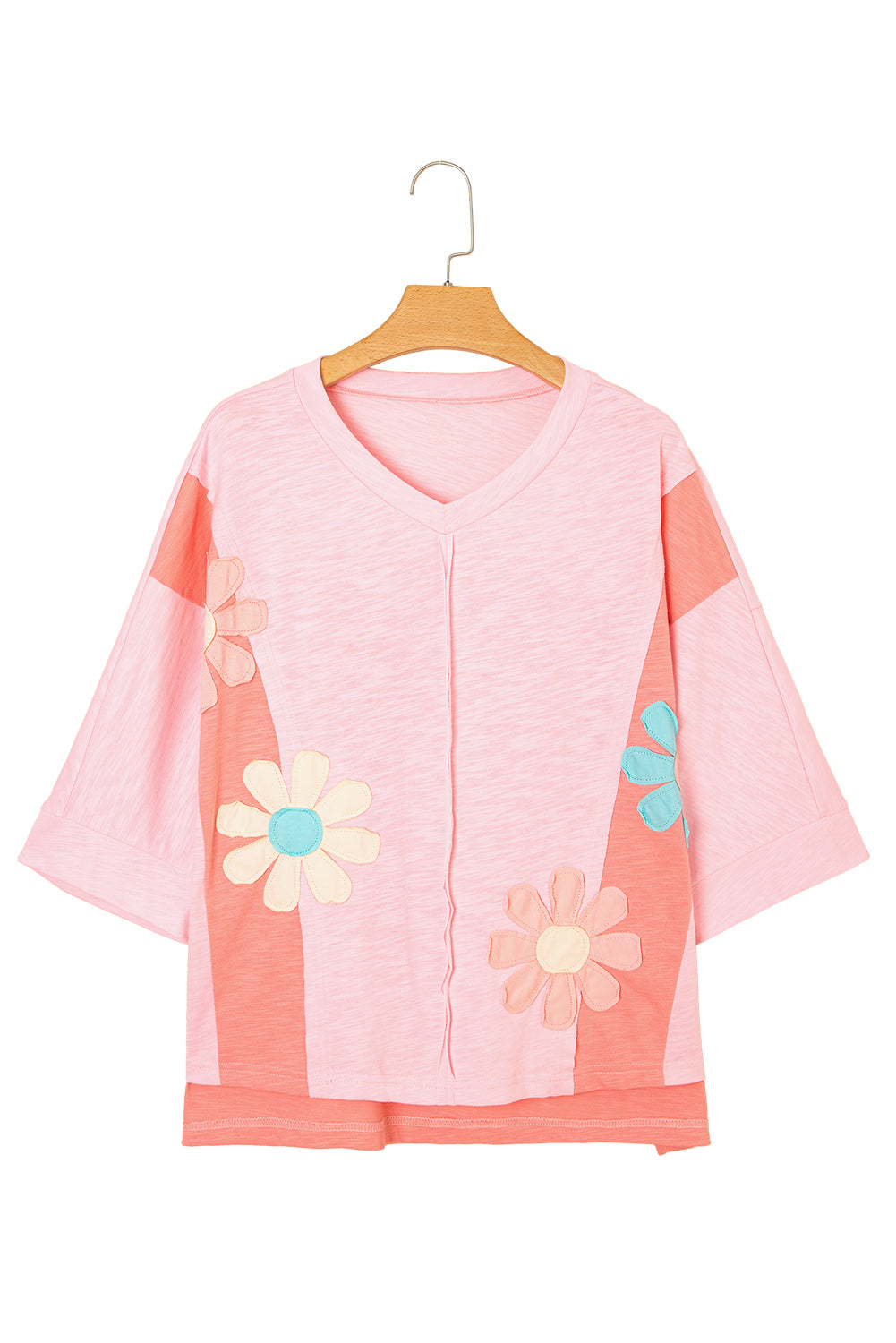 Green Flower Patched Exposed Seam 3/4 Sleeve top