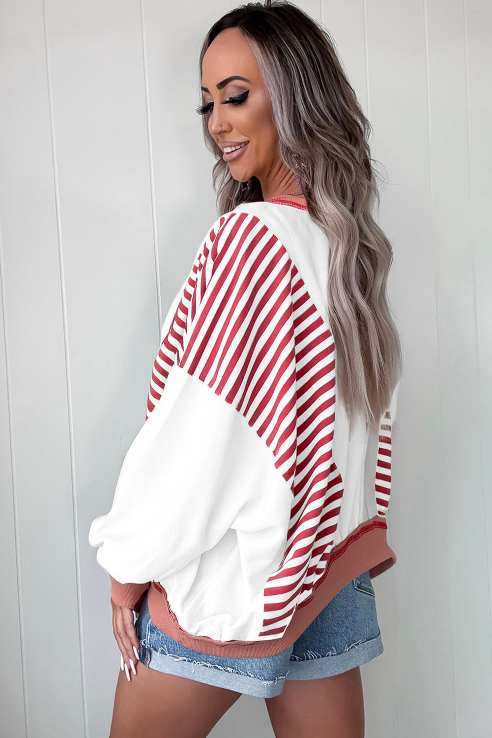White Striped Colorblock Patchwork Oversized Sweatshirt