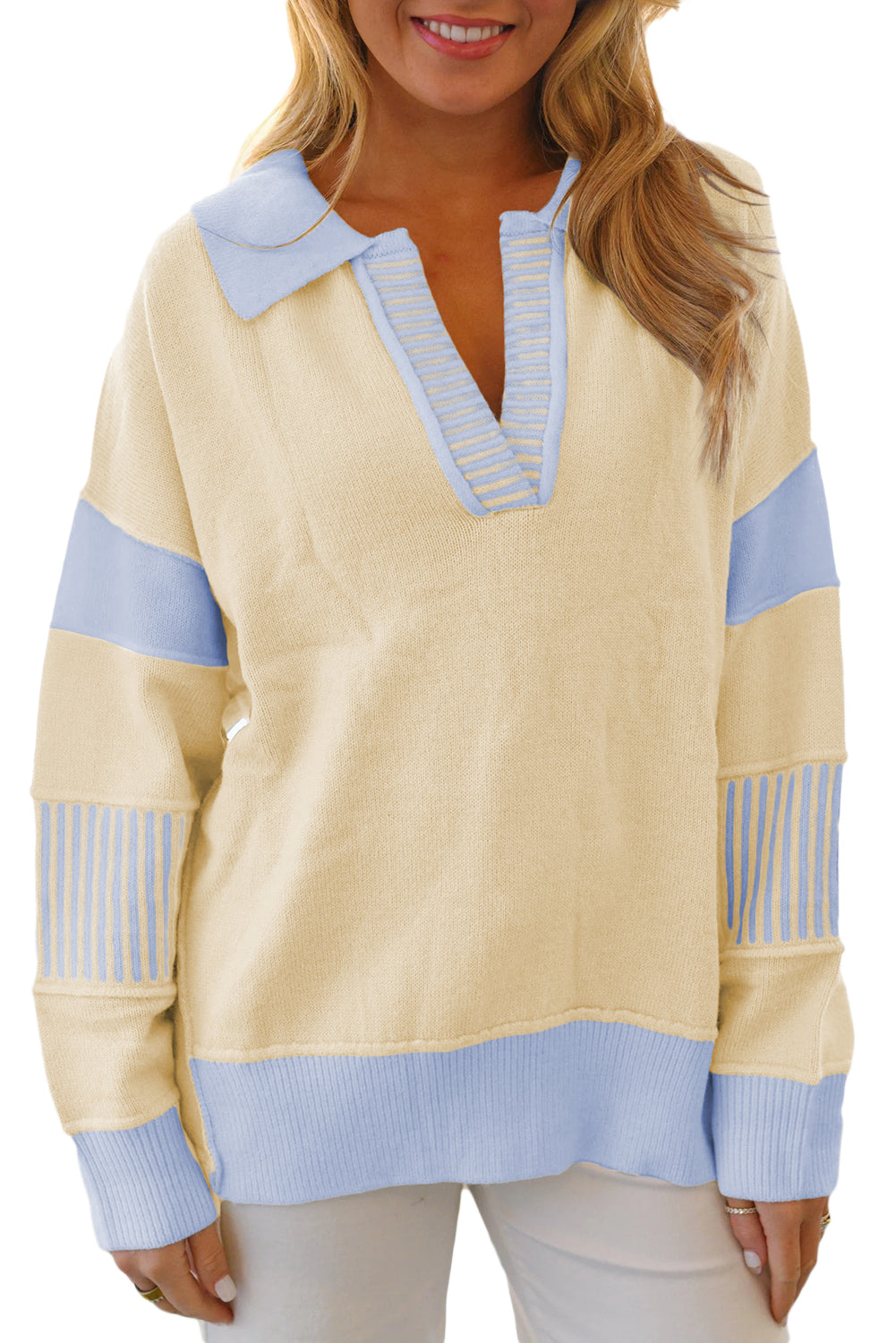 Pink Striped V Neck Collared Colorblock Patchwork Sweater