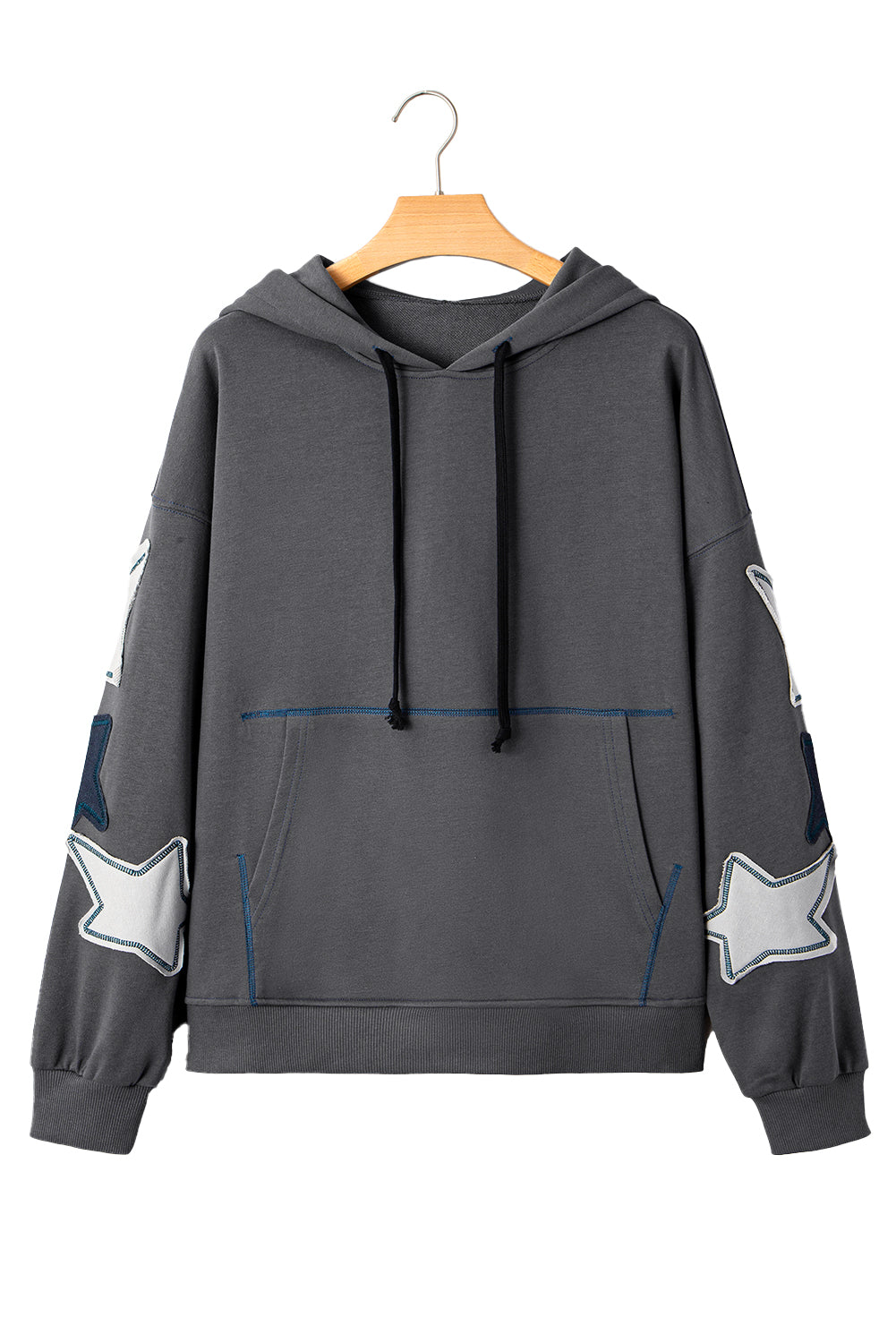 Carbon Grey Star Patched Kangaroo Pocket Vintage Hoodie