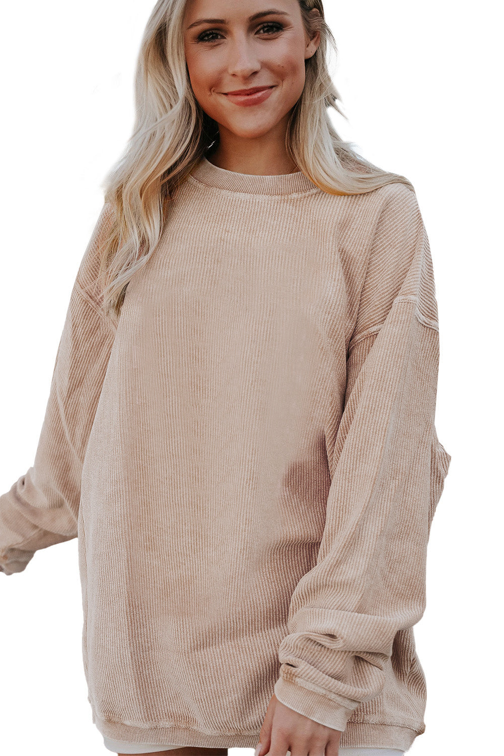 Light Pink Plain Drop Sleeve Crinkle Rib Oversized Sweatshirt
