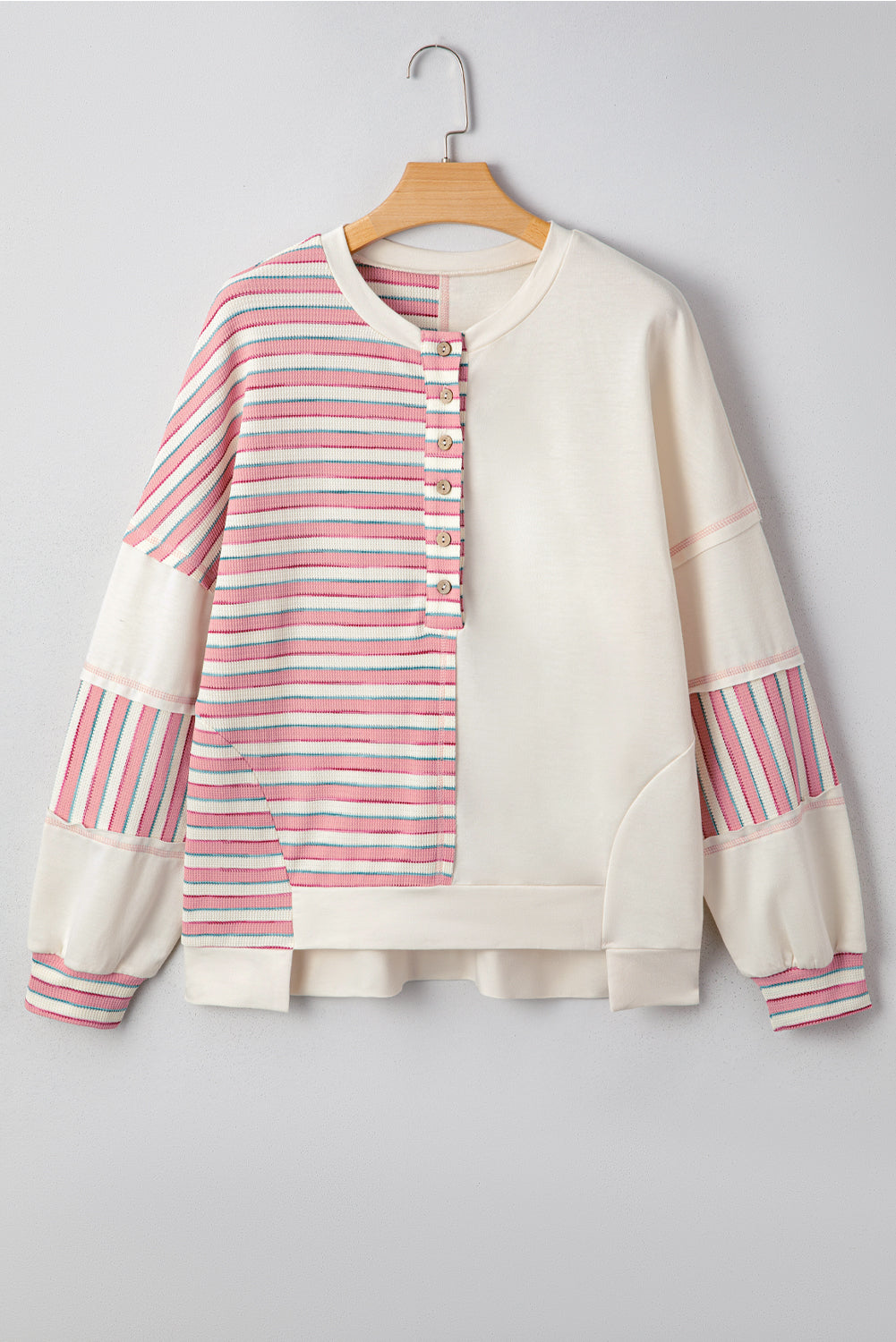 Khaki Striped Patchwork Oversized Pullover Top