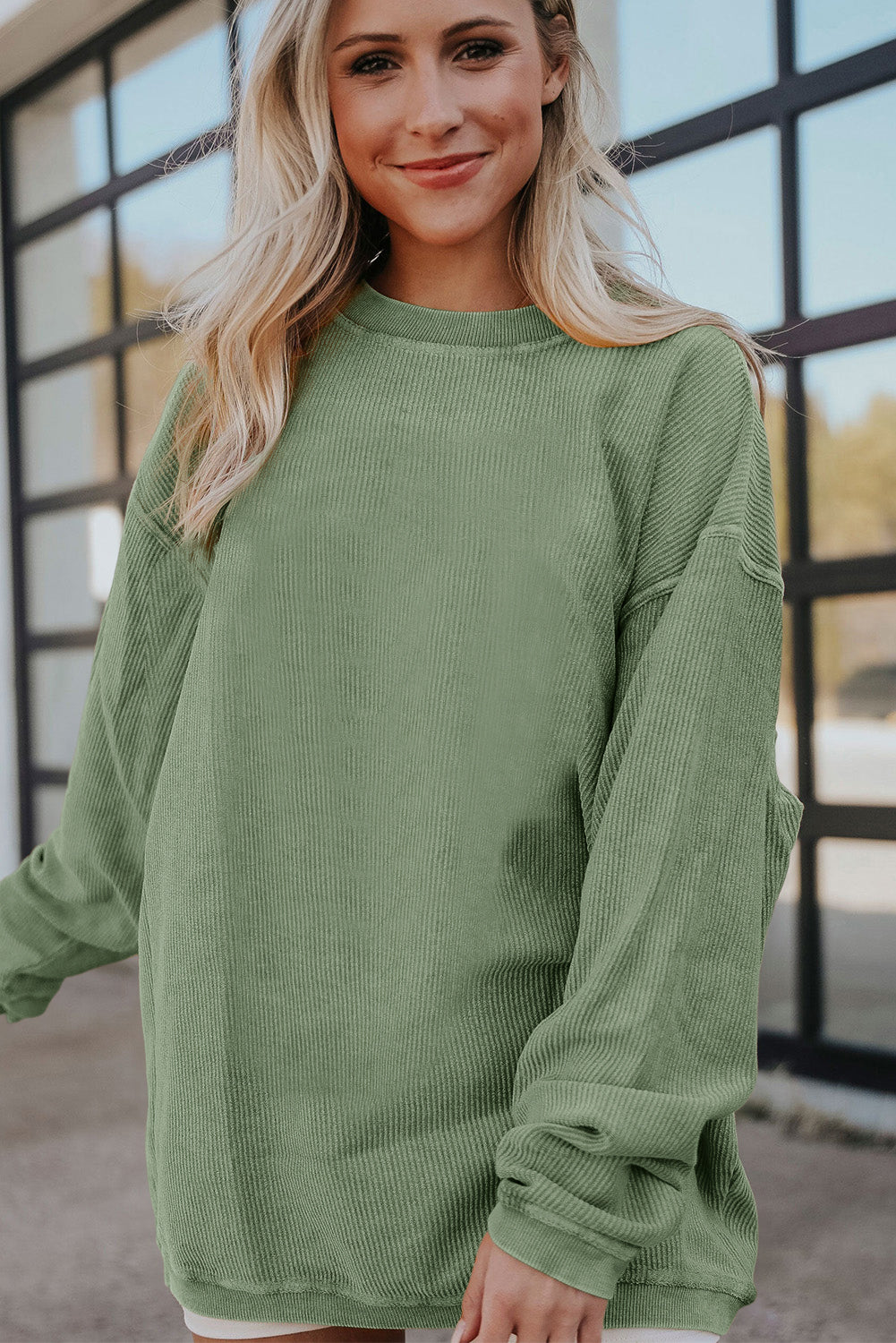 Light Pink Plain Drop Sleeve Crinkle Rib Oversized Sweatshirt
