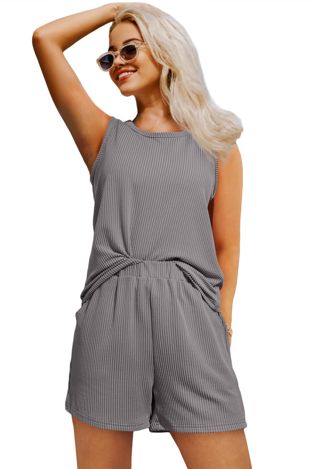Black Corded Sleeveless Top and Pocketed Shorts Set