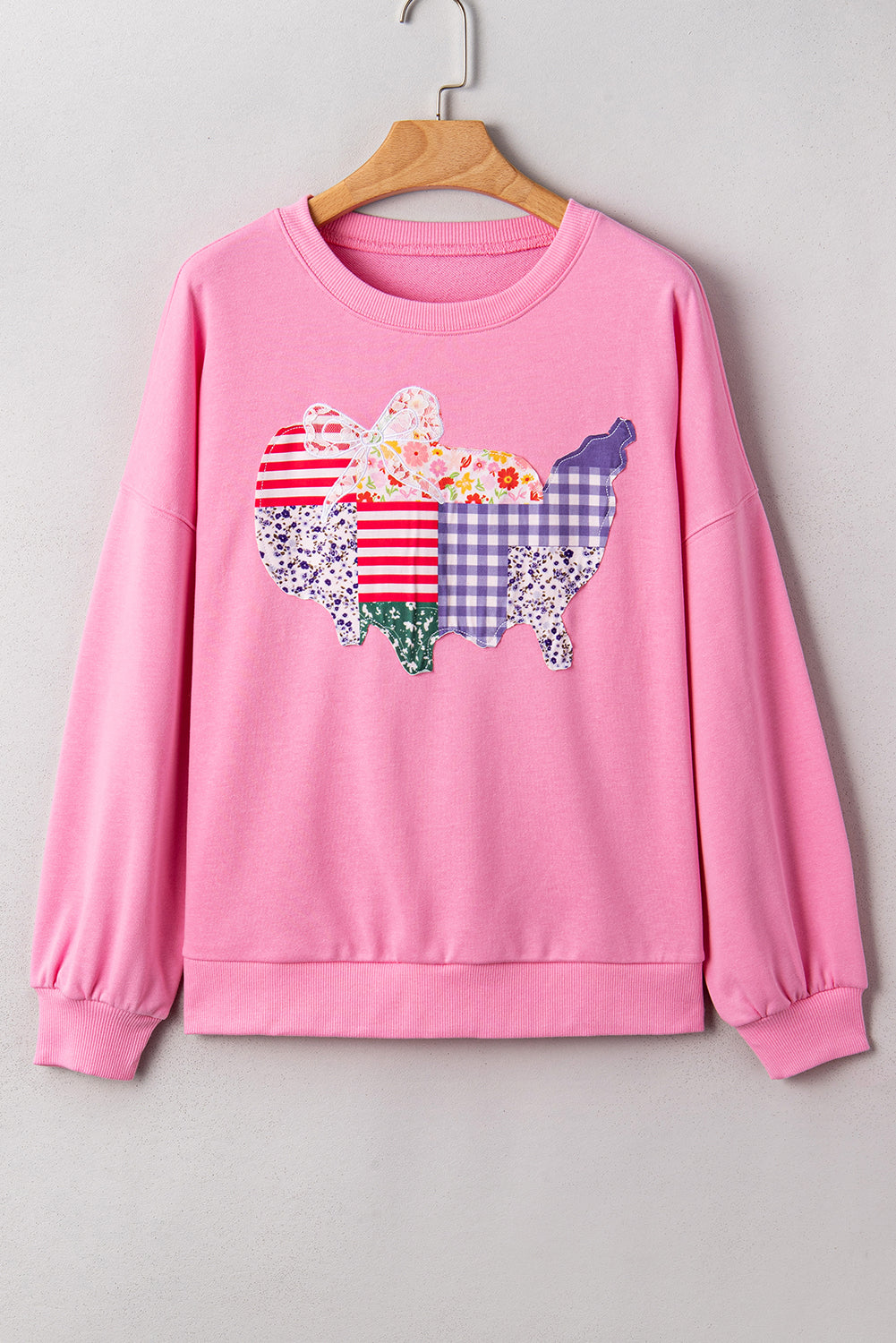 Pink Floral USA Map Patched Graphic Patriotic Sweatshirt