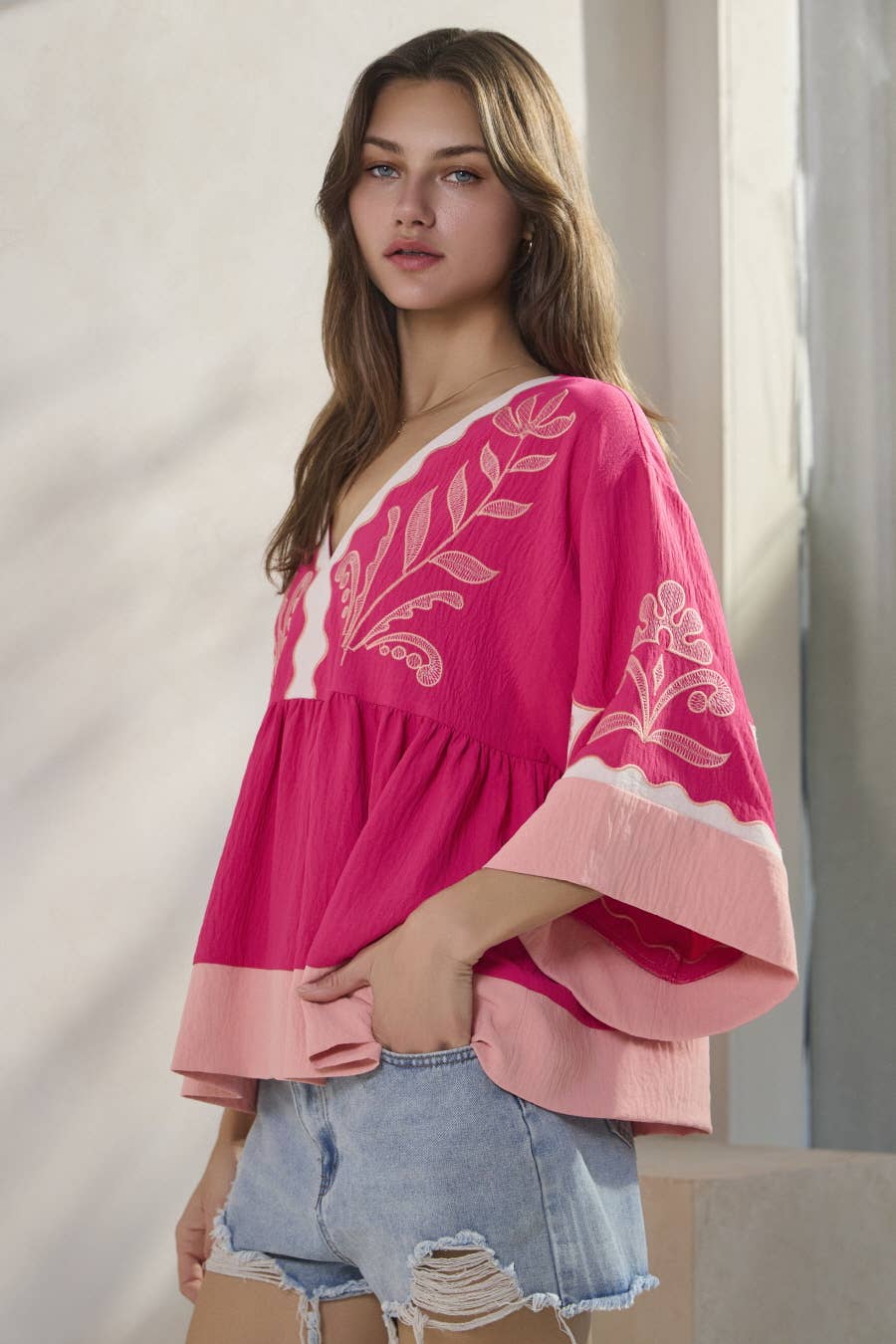 Plus Embroidered Plunge V Neck Top