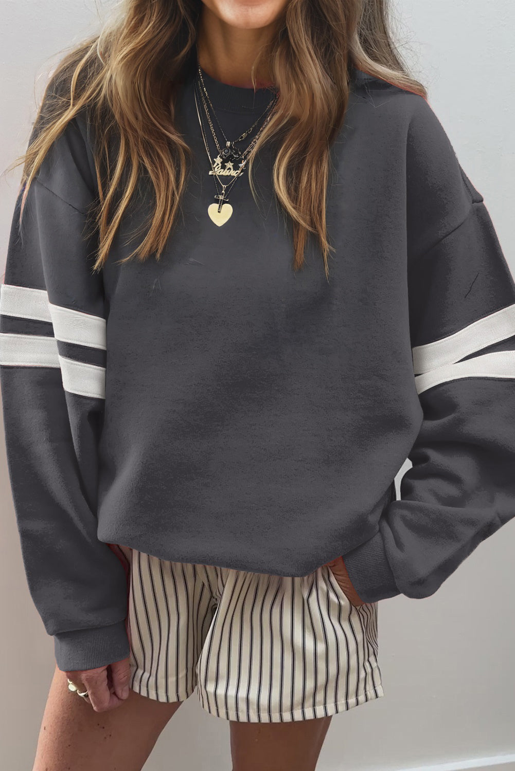 Light French Beige Preppy Striped Sleeve Loose Sweatshirt