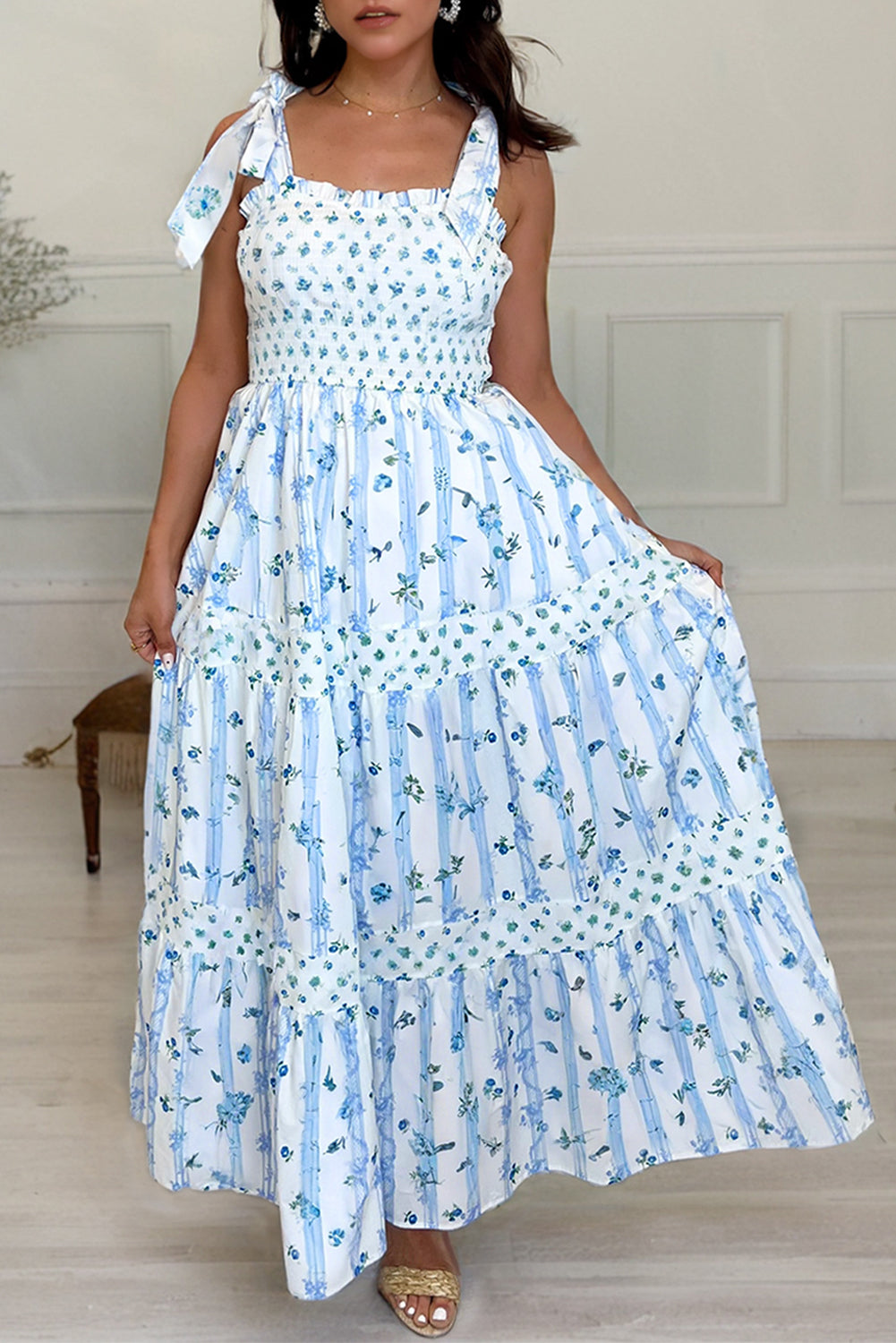 tie strap maxi dress Sky Blue Floral Smocked A-Line Tie Straps Maxi Dress – Vogue To Vintage Boutique, LLC
