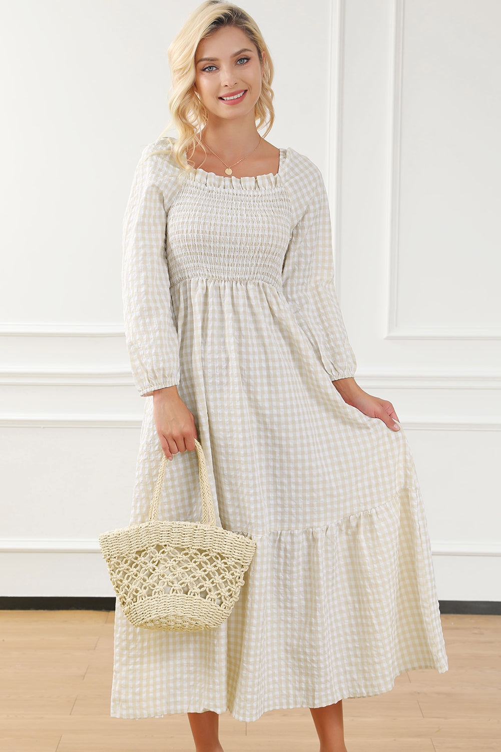 Khaki Plaid Ruffled Sleeve Smocked Maxi Dress