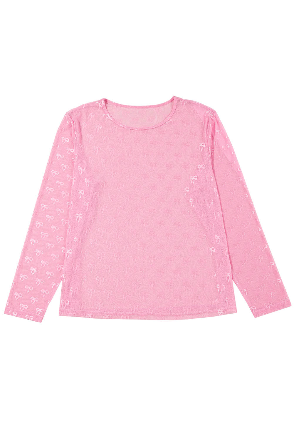 Pink Plus Size Bow Embroidered Mesh Long Sleeve Top