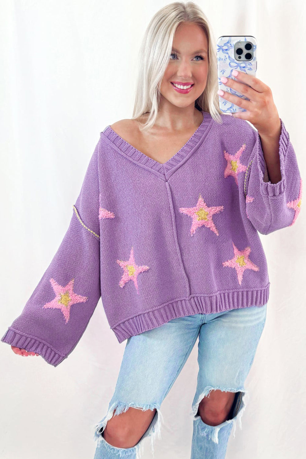 Lavender Brushed Star Graphic V Neck Drop Shoulder Oversize Sweater